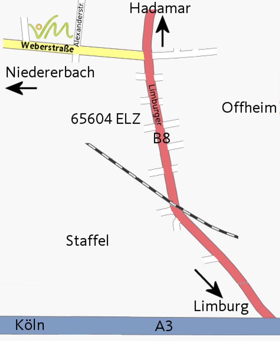 Anfahrtsskizze: Weberstraße 26 in Elz, abzweigend von der B8 zwischen Hadamar und Limburg